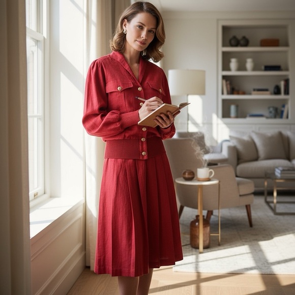 Vintage Neiman Marcus Red Linen Retro Pleated Skirt Suit 8 - Picture 12 of 12